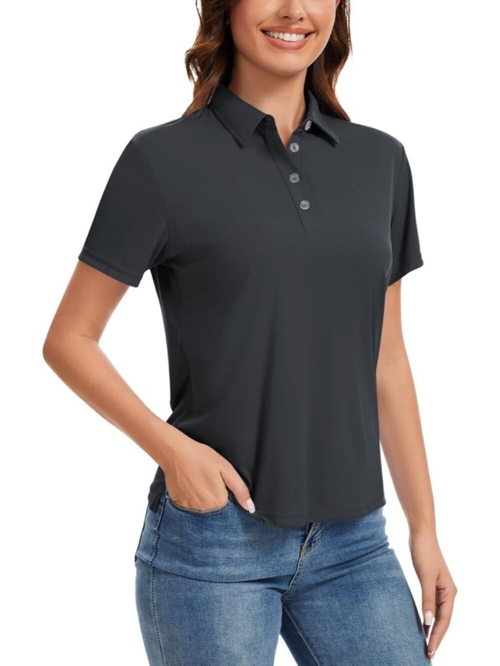 Women's Dark Grey 4 Buttons UPF 50+ Short Sleeve Shirt Collared Quick Dry Tops